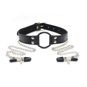 Faux Leather Choker Collar With Nipple Breast Clamp Clip Chain Couple SM Sex Toys For Woman Sex Tools For Couples Adult Games - BLACK2