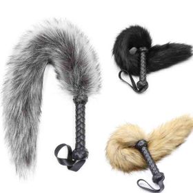 Leather Whip Handle Fox Tail Fur Fetish Ass Spanking Paddle Flogger BDSM Flirt Slave Erotic Sex Toys for Female Male Couples - gray