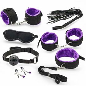 SM Bondage Restraint Set Sex Handcuffs Whip Anal Beads Butt Plug Anal Plug Bullet Vibrator Sex Toys for Woman Adult S&M Fetish - nylon-purple-7pcs