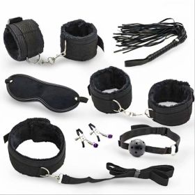 SM Bondage Restraint Set Sex Handcuffs Whip Anal Beads Butt Plug Anal Plug Bullet Vibrator Sex Toys for Woman Adult S&M Fetish - PU-black-7pcs